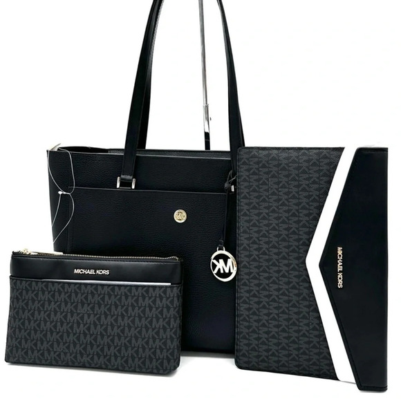 Michael Kors Maisie Large Pebbled Leather 3-in-1 Tote Bag Black/Gold (NWT) - Picture 1 of 16